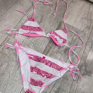 Victoria’s Secret pink and white striped sequins bikini